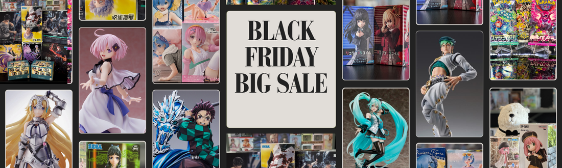 Collage of anime figures, wall art, and merchandise with the text ‘Black Friday Big Sale’ in the center, showcasing discounted items available at Mini Akihabara.
