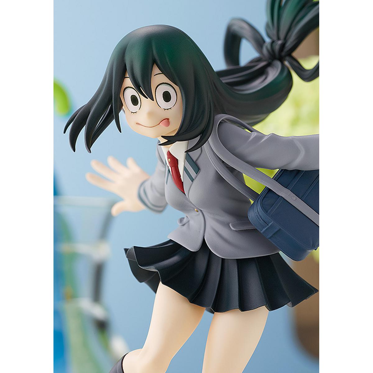 Tsuyu Asui Pop Up Parade figure from My Hero Academia, standing in frog-like pose with hero costume.