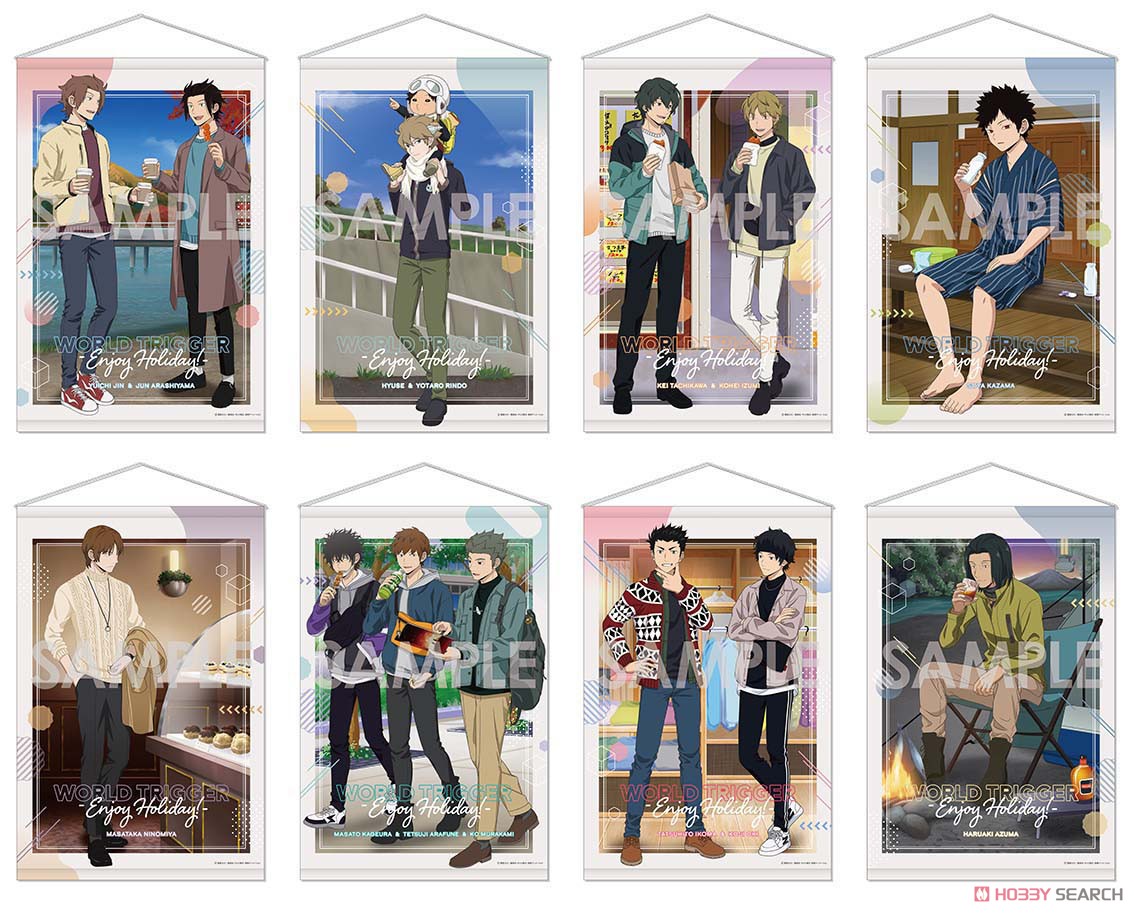 World Trigger wall tapestry with characters in casual holiday-themed outfits.