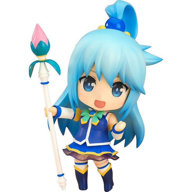 Aqua from KonoSuba in chibi Nendoroid form, with smiling face and signature blue outfit.