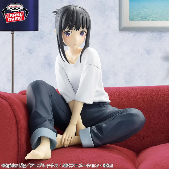 Takina Inoue Relax Time figure from Lycoris Recoil, sitting calmly with detailed sculpt.