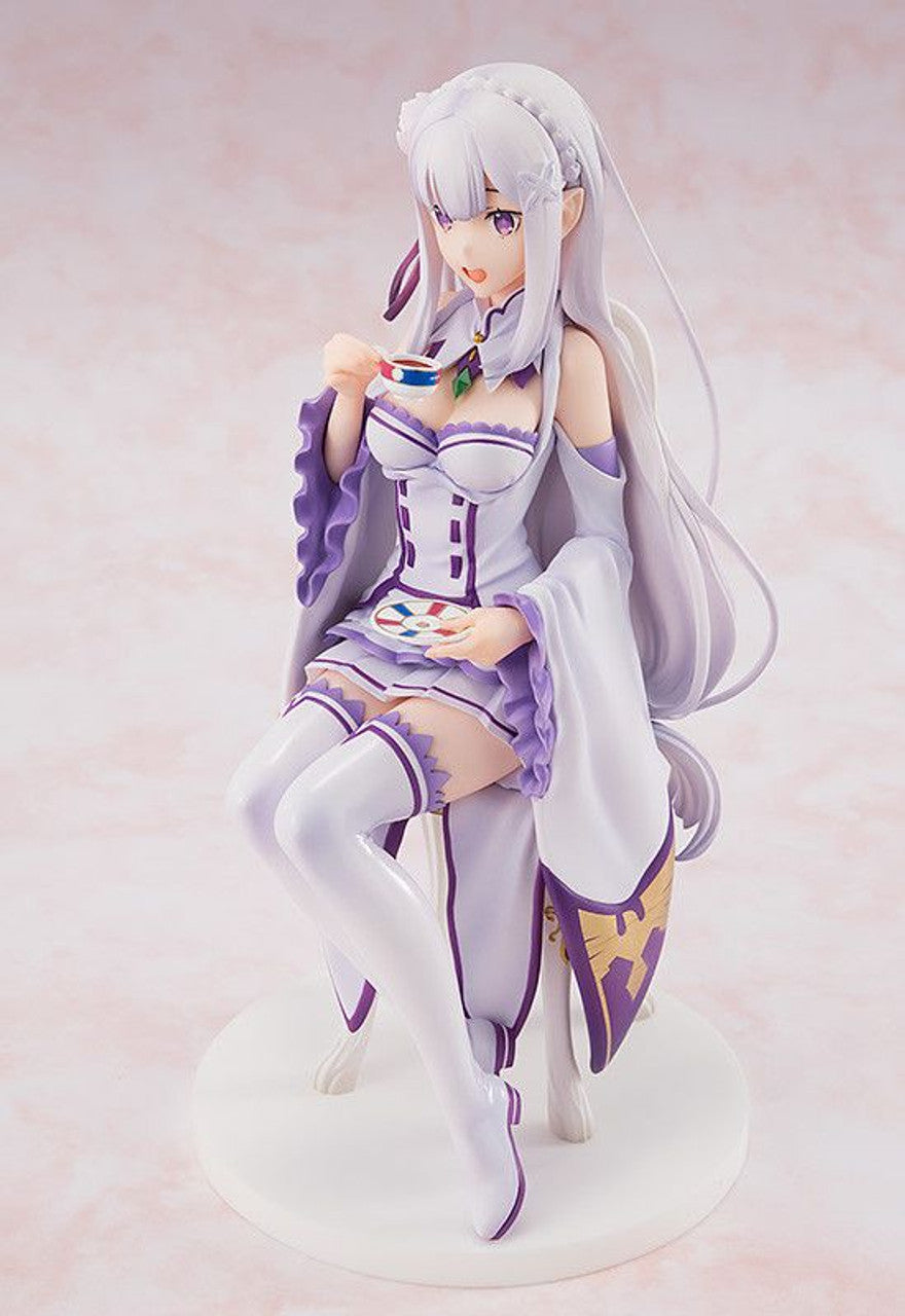 Emilia 1/7 scale Tea Party Ver. figure from Re:ZERO, seated with teacup in elegant white dress.