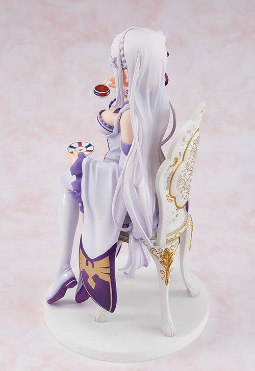 Emilia 1/7 scale Tea Party Ver. figure from Re:ZERO, seated with teacup in elegant white dress.