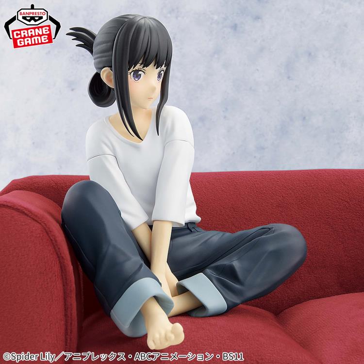 Takina Inoue Relax Time figure from Lycoris Recoil, sitting calmly with detailed sculpt.