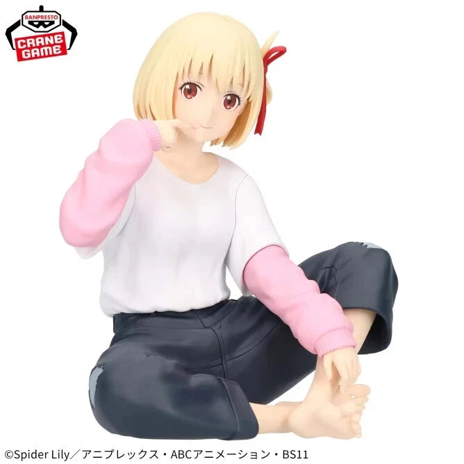Chisato Nishikigi Relax Time figure from Lycoris Recoil, lounging pose with soft colors.