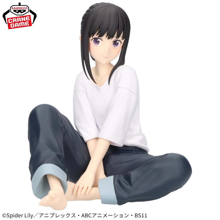 Takina Inoue Relax Time figure from Lycoris Recoil, sitting calmly with detailed sculpt.