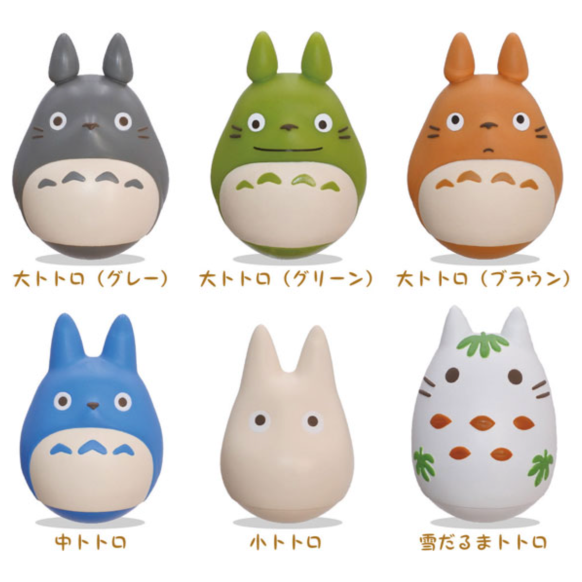 Set of six My Neighbor Totoro Potted Wobbly Weeble Figures, featuring unique Totoro characters in decorative pots, designed to wobble when touched. Officially licensed by Studio Ghibli, crafted from plastic, and sized approximately 3.3 cm × 3.3 cm × 5.08 cm