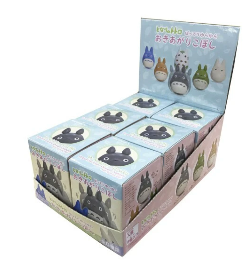 Set of six My Neighbor Totoro Potted Wobbly Weeble Figures, featuring unique Totoro characters in decorative pots, designed to wobble when touched. Officially licensed by Studio Ghibli, crafted from plastic, and sized approximately 3.3 cm × 3.3 cm × 5.08 cm