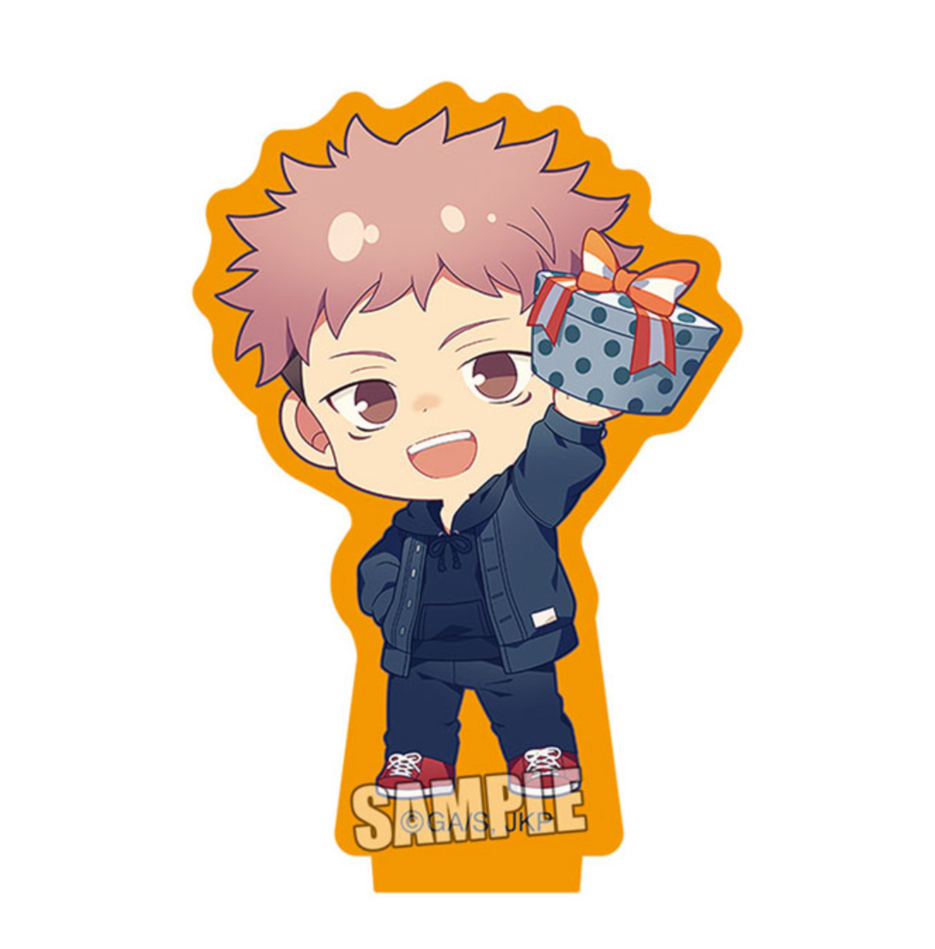 Jujutsu Kaisen Trading Mini Acrylic Stand Present Edition featuring chibi characters holding presents, high-quality acrylic design