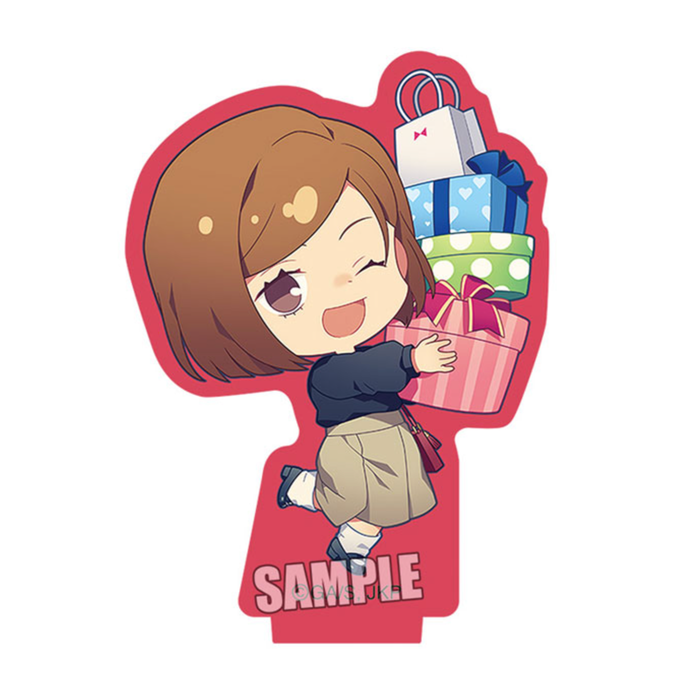 Jujutsu Kaisen Trading Mini Acrylic Stand Present Edition featuring chibi characters holding presents, high-quality acrylic design