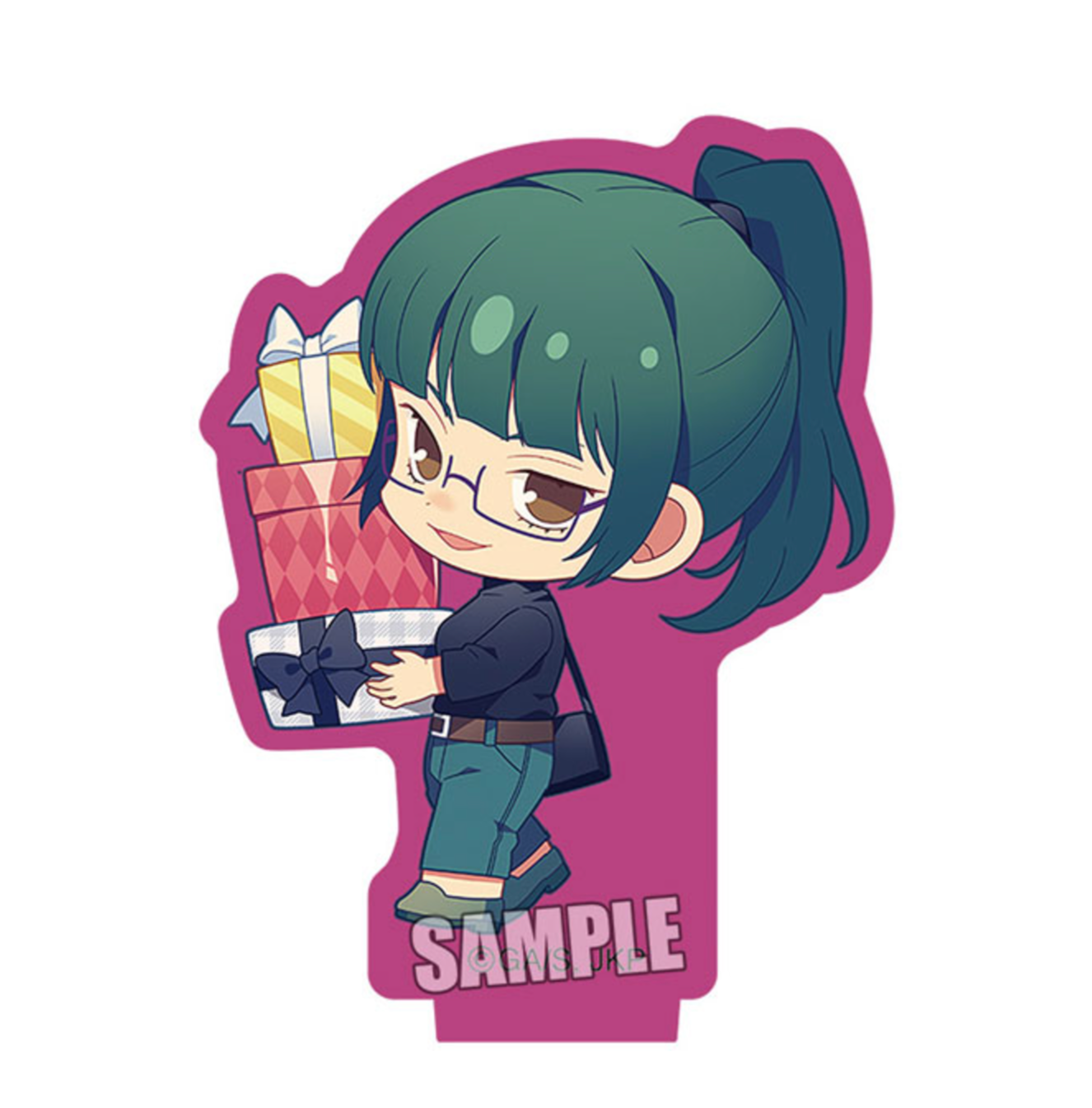 Jujutsu Kaisen Trading Mini Acrylic Stand Present Edition featuring chibi characters holding presents, high-quality acrylic design