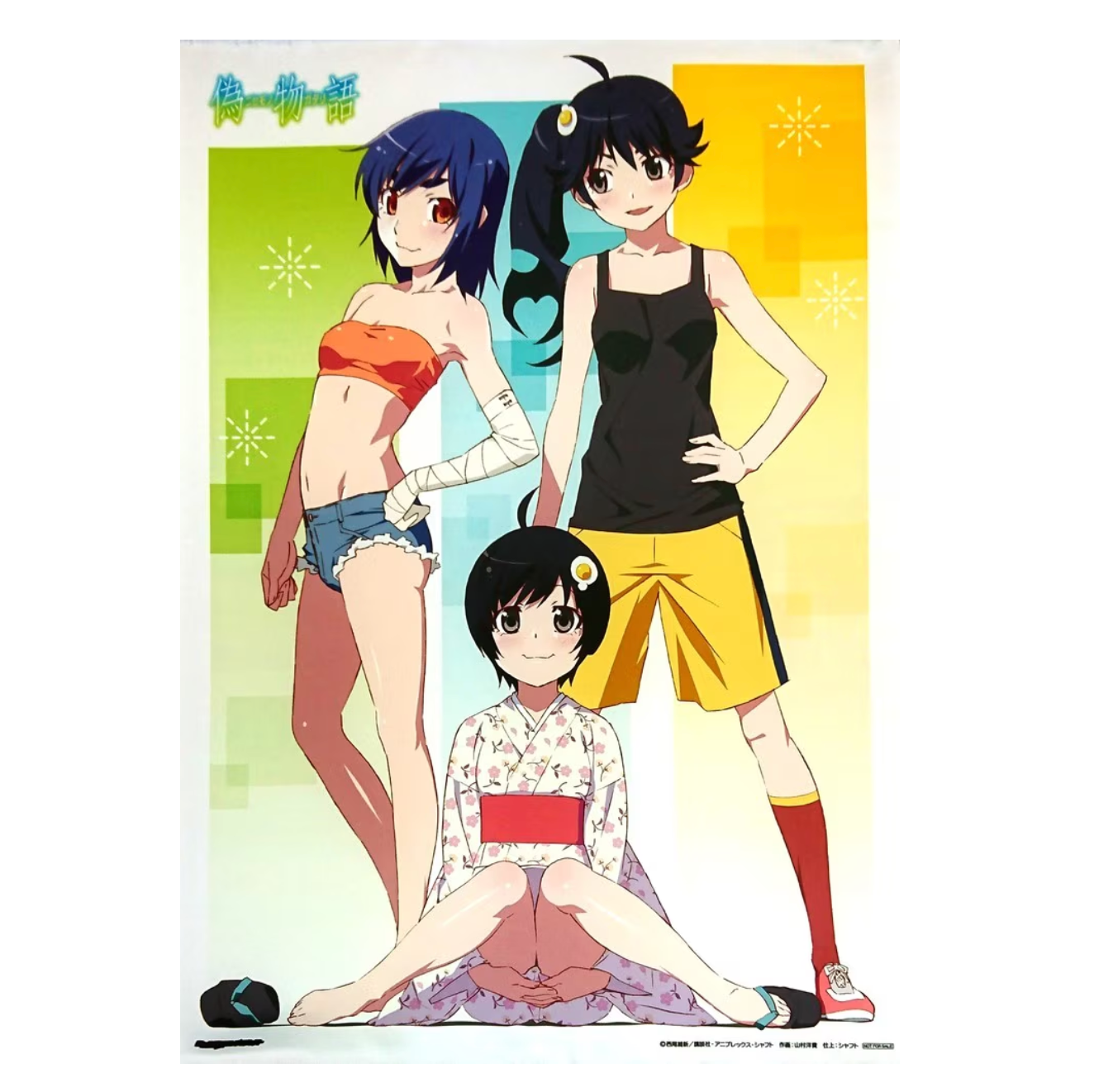 "Nisemonogatari B2 Tapestry featuring Karen Araragi, Tsukihi Araragi, and Suruga Kanbaru - Sofmap exclusive bonus item