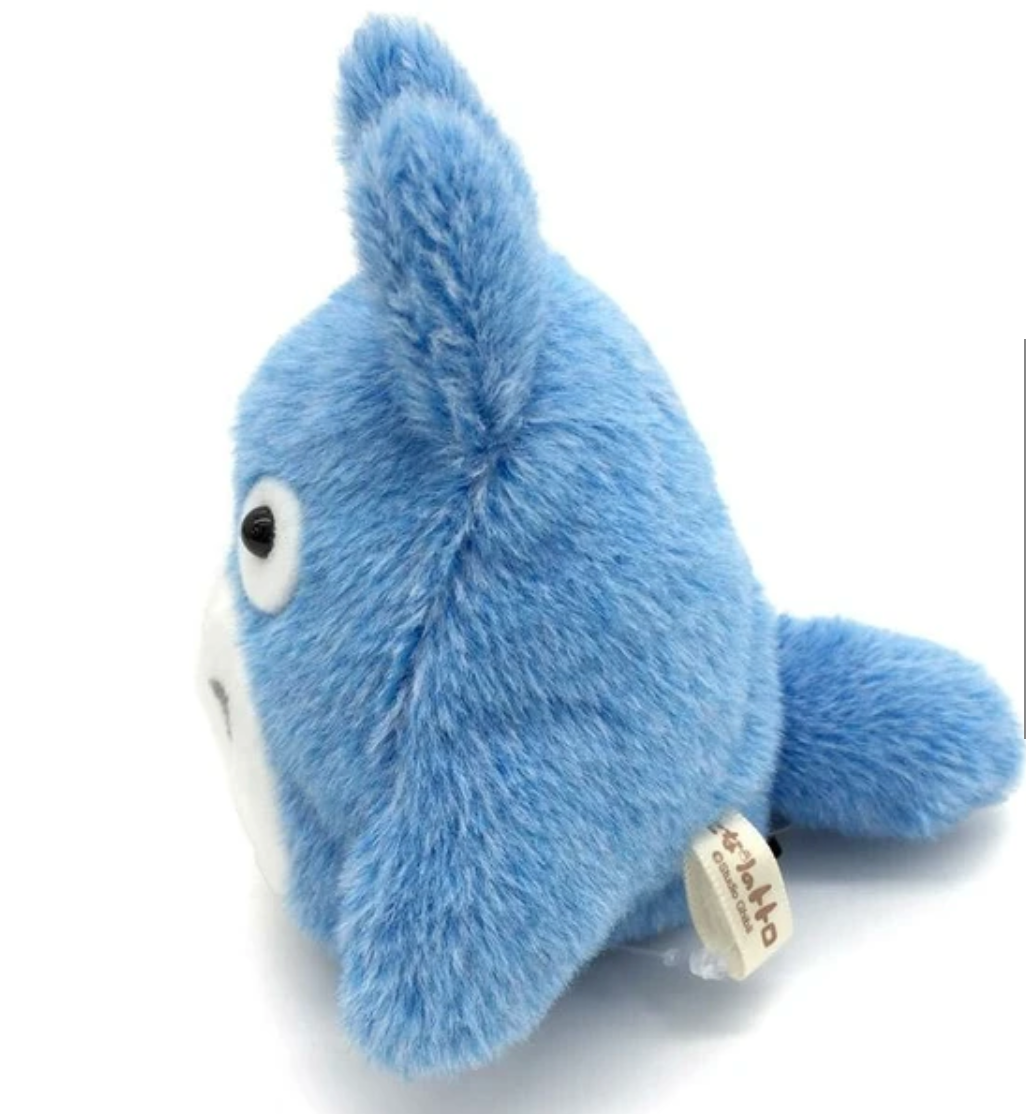 Plush toy of Medium Totoro in blue color from My Neighbor Totoro, soft and palm-sized, designed as a fluffy beanbag-style toy