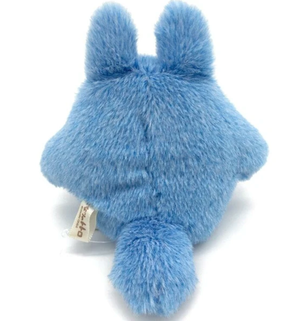 Plush toy of Medium Totoro in blue color from My Neighbor Totoro, soft and palm-sized, designed as a fluffy beanbag-style toy