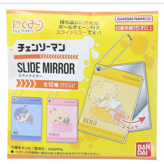 Chainsaw Man Slide Mirror with ball chain featuring blind-packaged characters like Denji, Power, and Makima, available at Mini Akihabara.