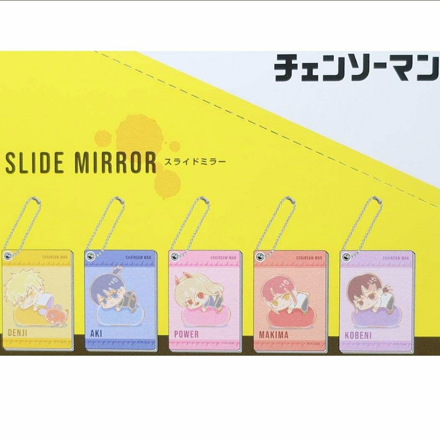 Chainsaw Man Slide Mirror with ball chain featuring blind-packaged characters like Denji, Power, and Makima, available at Mini Akihabara.
