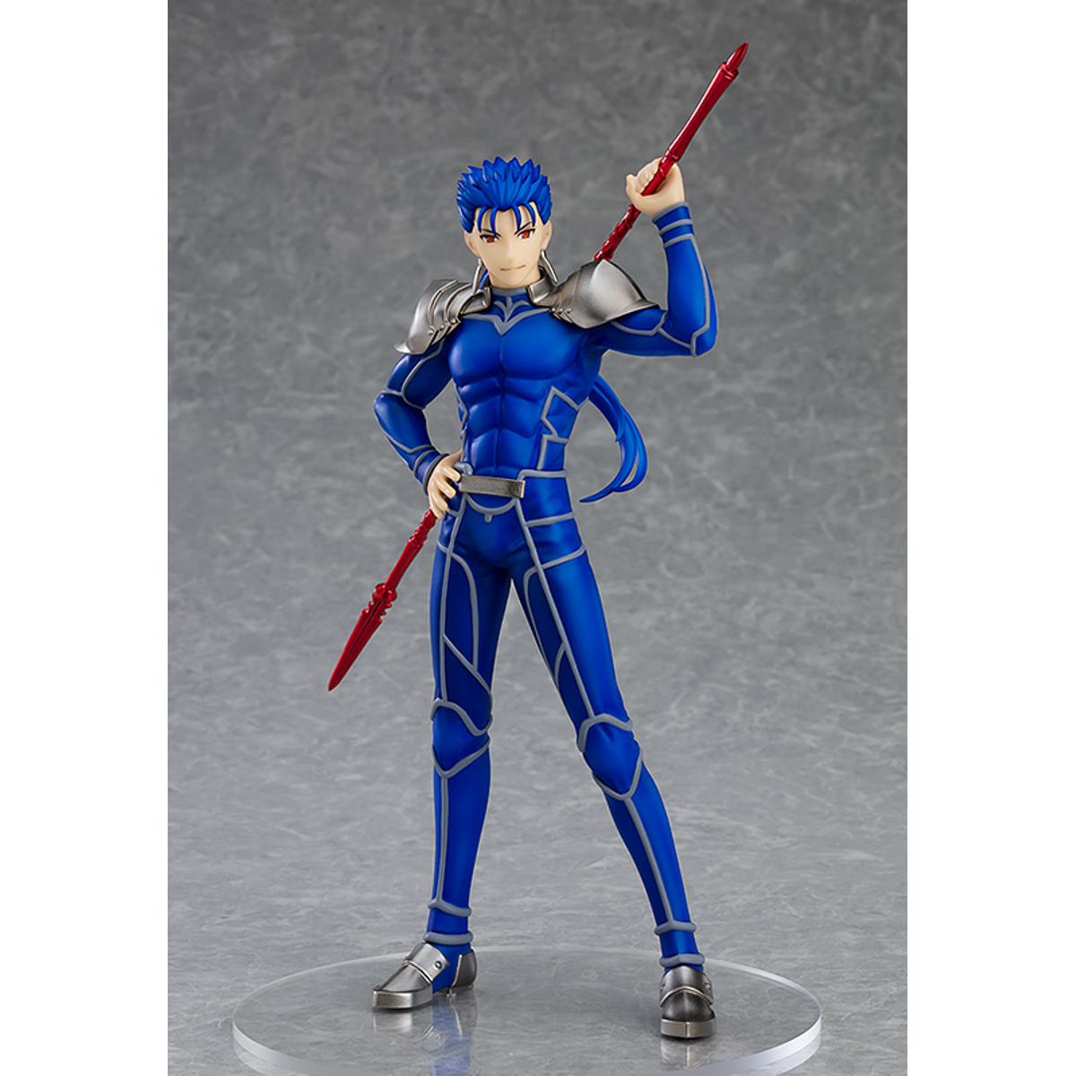  Lancer from Heaven's Feel in ready-to-fight stance, Pop Up Parade figure with blue armor and spear.