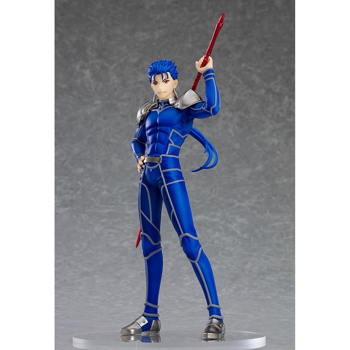  Lancer from Heaven's Feel in ready-to-fight stance, Pop Up Parade figure with blue armor and spear.