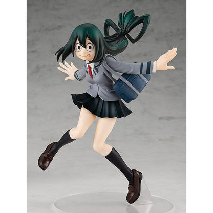 Tsuyu Asui Pop Up Parade figure from My Hero Academia, standing in frog-like pose with hero costume.
