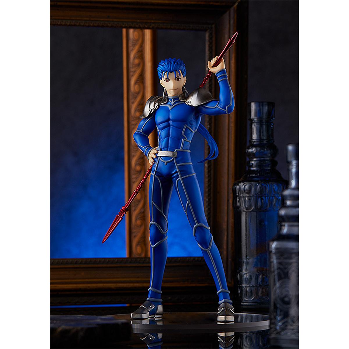  Lancer from Heaven's Feel in ready-to-fight stance, Pop Up Parade figure with blue armor and spear.