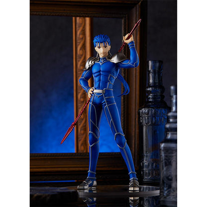  Lancer from Heaven's Feel in ready-to-fight stance, Pop Up Parade figure with blue armor and spear.