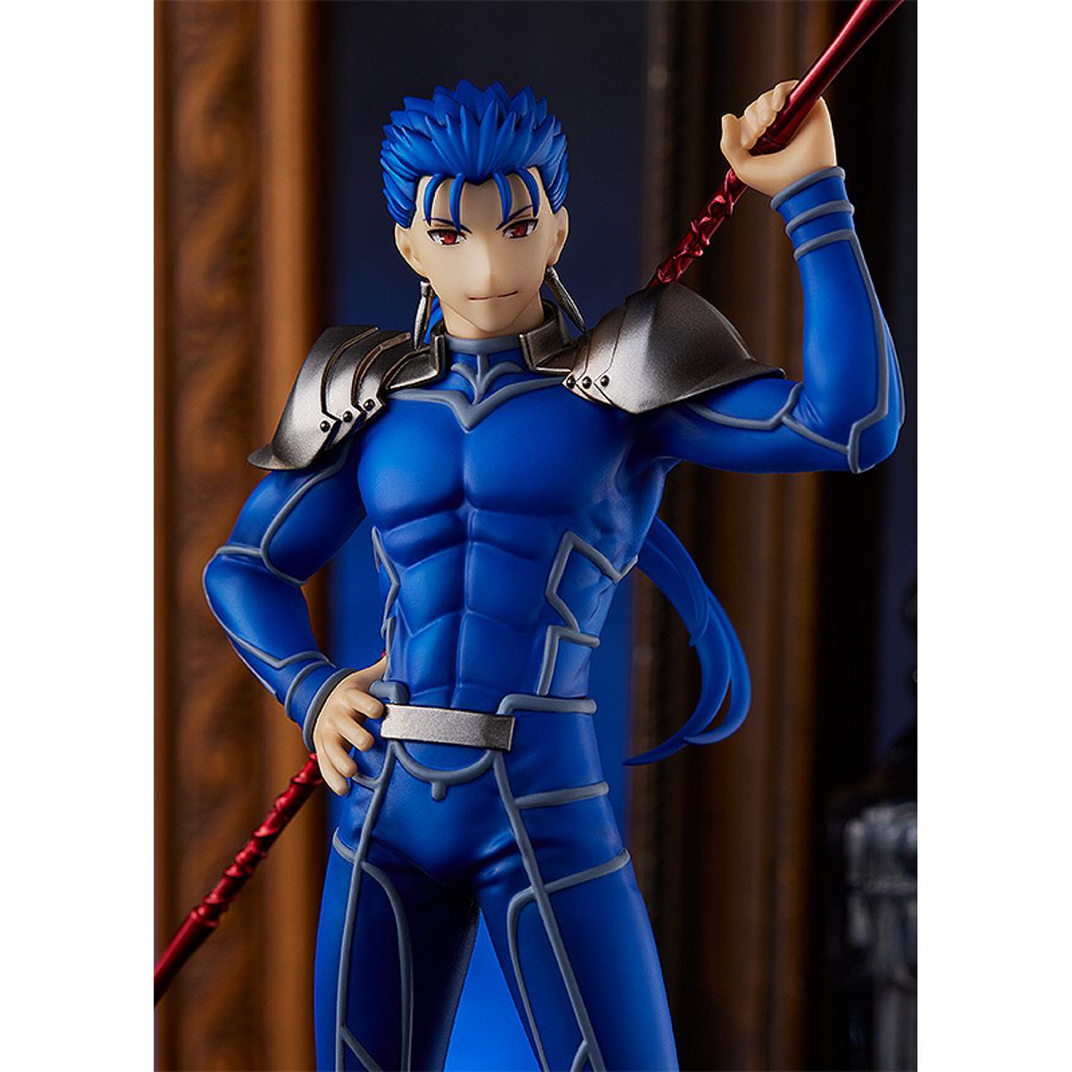  Lancer from Heaven's Feel in ready-to-fight stance, Pop Up Parade figure with blue armor and spear.