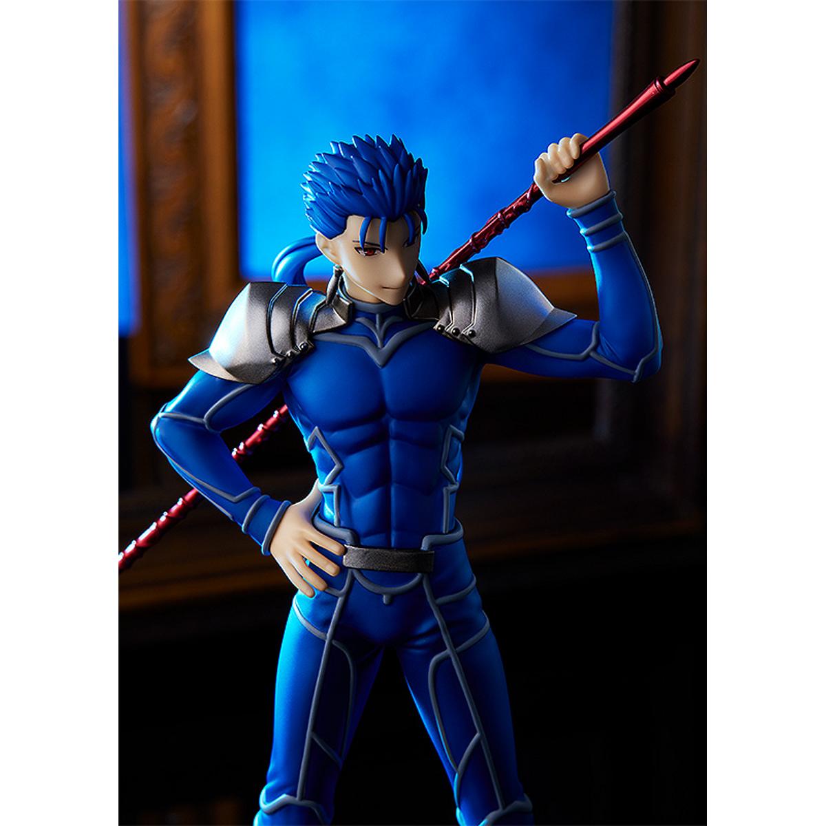  Lancer from Heaven's Feel in ready-to-fight stance, Pop Up Parade figure with blue armor and spear.