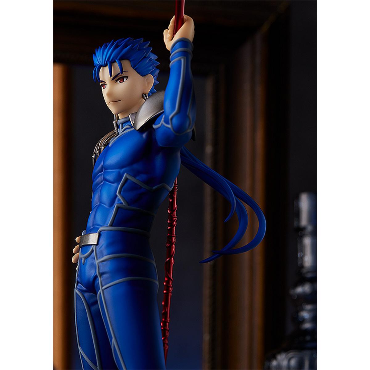  Lancer from Heaven's Feel in ready-to-fight stance, Pop Up Parade figure with blue armor and spear.