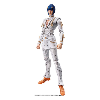 Bruno Bucciarati Super Action Figure from JoJo Part 5, in white suit with zipper effects and alternate faces.