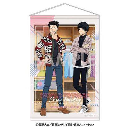World Trigger wall tapestry with characters in casual holiday-themed outfits.