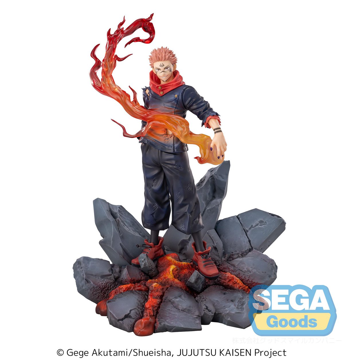 Jujutsu Kaisen Sukuna Ryomen Luminasta Figure by SEGA, featuring Sukuna in a dynamic pose standing on rubble, with intricate details like tattoos and vibrant flame effects, approximately 9.1 inches tall