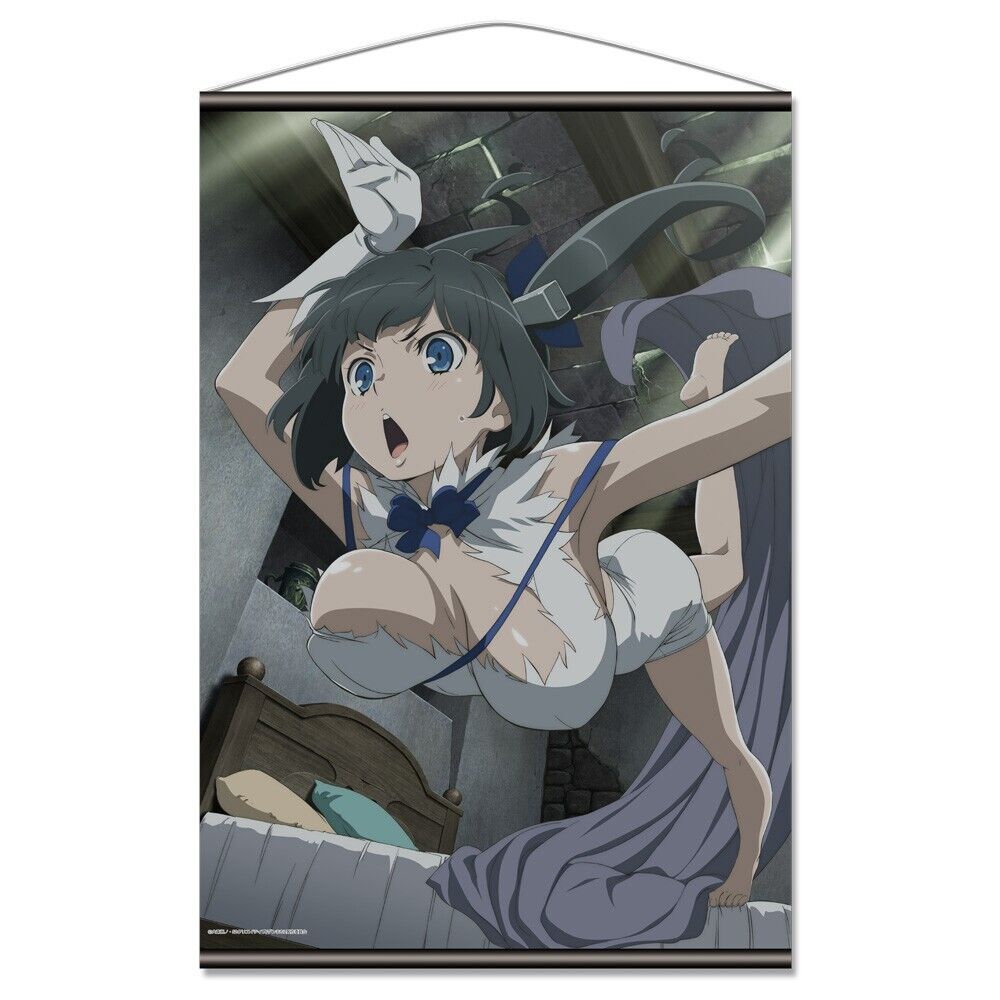 Hestia B2 wall tapestry from DanMachi, showing her in a playful pose with a bright background.