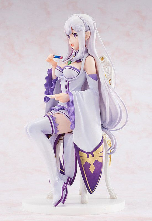 Emilia 1/7 scale Tea Party Ver. figure from Re:ZERO, seated with teacup in elegant white dress.