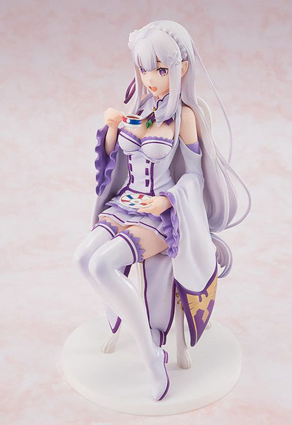 Emilia 1/7 scale Tea Party Ver. figure from Re:ZERO, seated with teacup in elegant white dress.