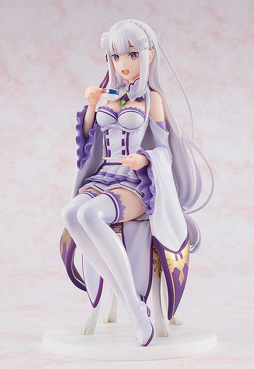 Emilia 1/7 scale Tea Party Ver. figure from Re:ZERO, seated with teacup in elegant white dress.
