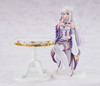 Emilia 1/7 scale Tea Party Ver. figure from Re:ZERO, seated with teacup in elegant white dress.
