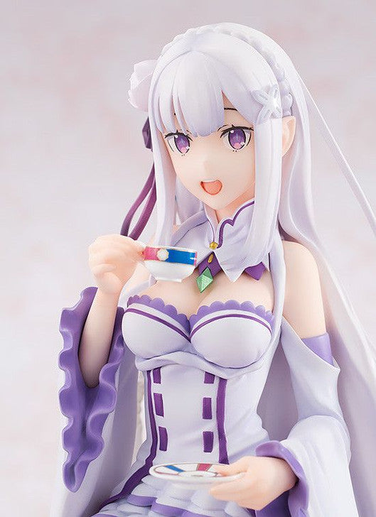 Emilia 1/7 scale Tea Party Ver. figure from Re:ZERO, seated with teacup in elegant white dress.