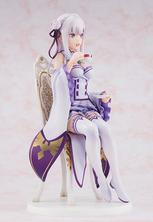 Emilia 1/7 scale Tea Party Ver. figure from Re:ZERO, seated with teacup in elegant white dress.