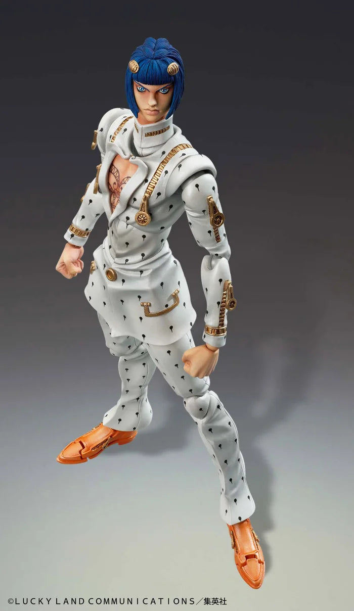 Bruno Bucciarati Super Action Figure from JoJo Part 5, in white suit with zipper effects and alternate faces.