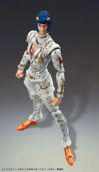 Bruno Bucciarati Super Action Figure from JoJo Part 5, in white suit with zipper effects and alternate faces.