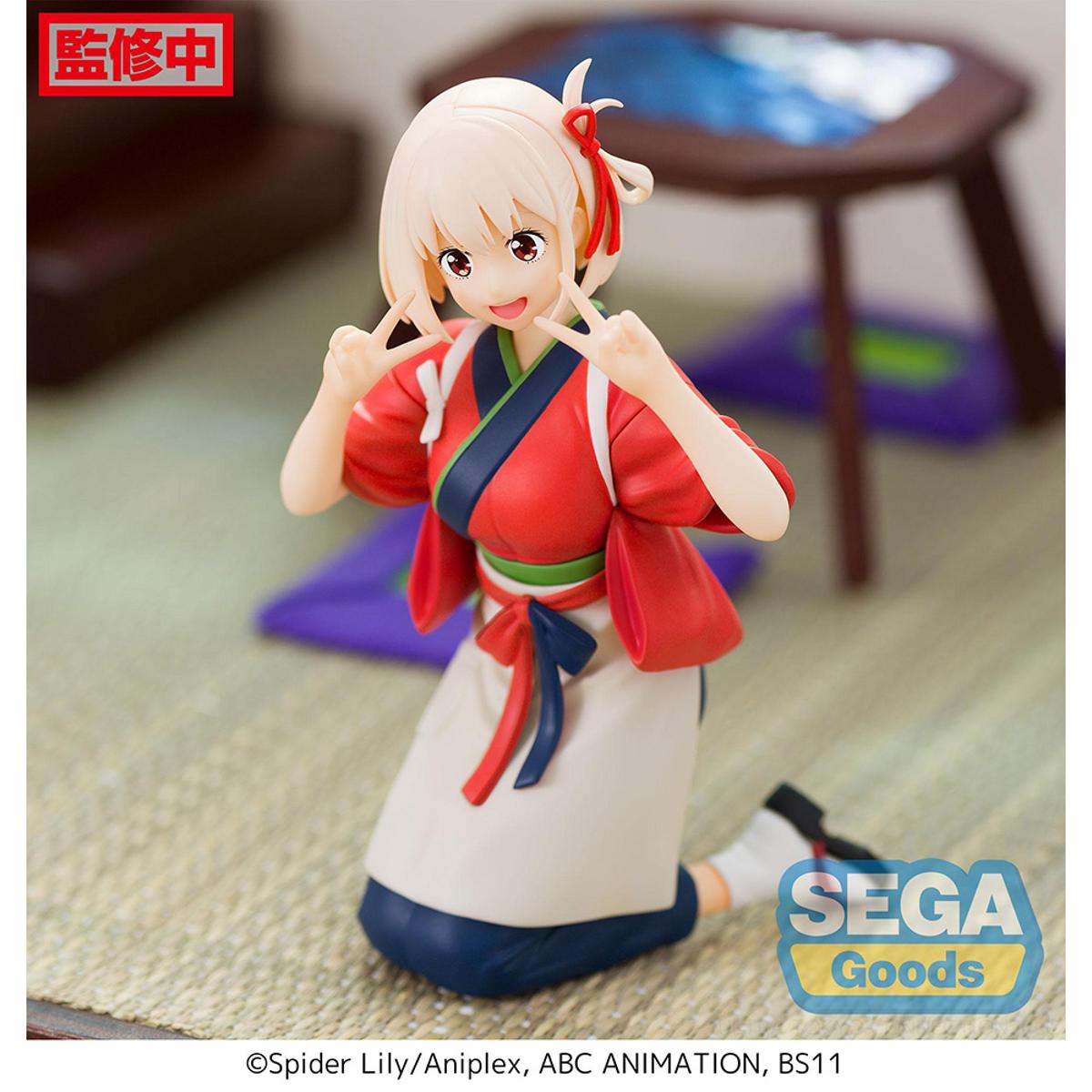 Chisato Nishikigi figure from Lycoris Recoil, seated casually in perching pose with detailed outfit.