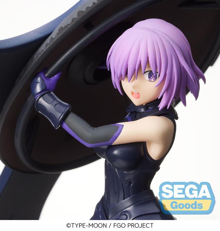  Mash Kyrielight figure holding her shield, dynamic battle-ready stance from Fate/Grand Order.