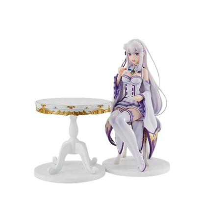 Emilia 1/7 scale Tea Party Ver. figure from Re:ZERO, seated with teacup in elegant white dress.