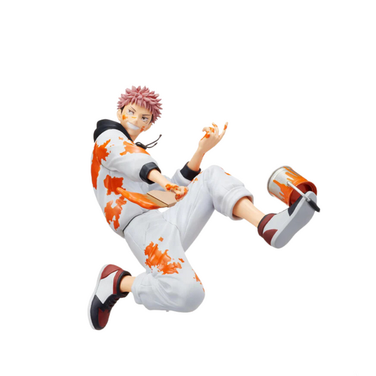 Jujutsu Kaisen Graffiti x Battle Yuji Itadori Figure by SEGA, featuring Yuji in a dynamic mid-leap pose with vibrant orange graffiti accents, holding a paintbrush and a paint can.