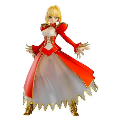 Nero Claudius Pop Up Parade figure in bright red dress, smiling confidently with arms raised.