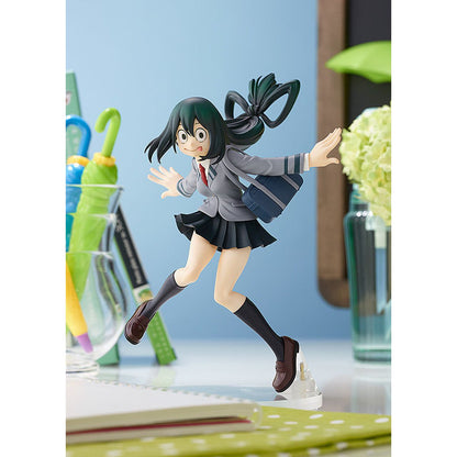 Tsuyu Asui Pop Up Parade figure from My Hero Academia, standing in frog-like pose with hero costume.