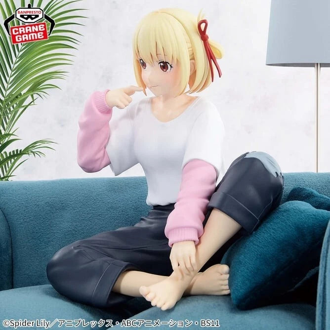 Chisato Nishikigi Relax Time figure from Lycoris Recoil, lounging pose with soft colors.