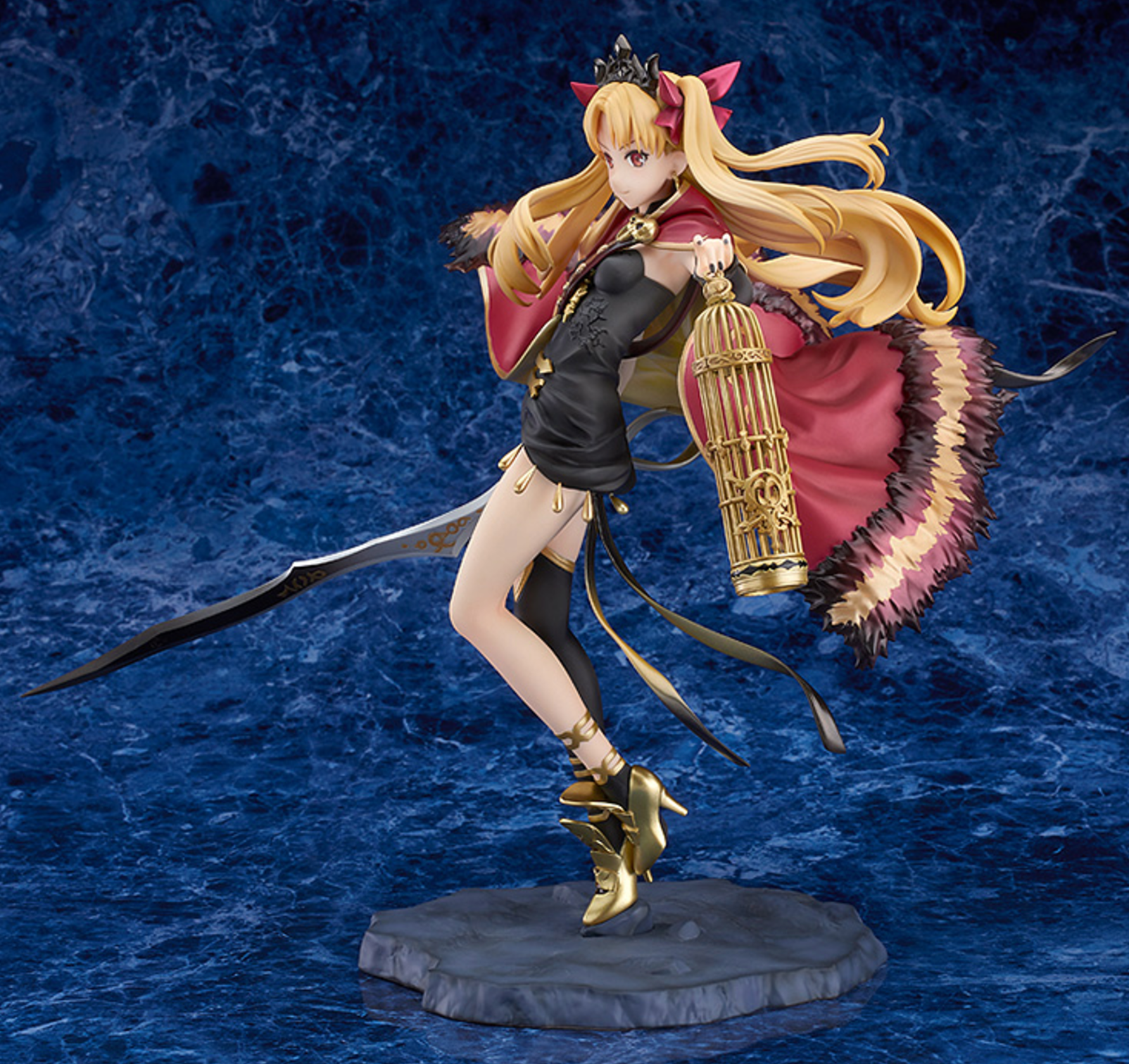 Ereshkigal 1/7 scale figure in her Lancer form, wearing ornate red and gold outfit with a graceful pose from Fate/Grand Order.