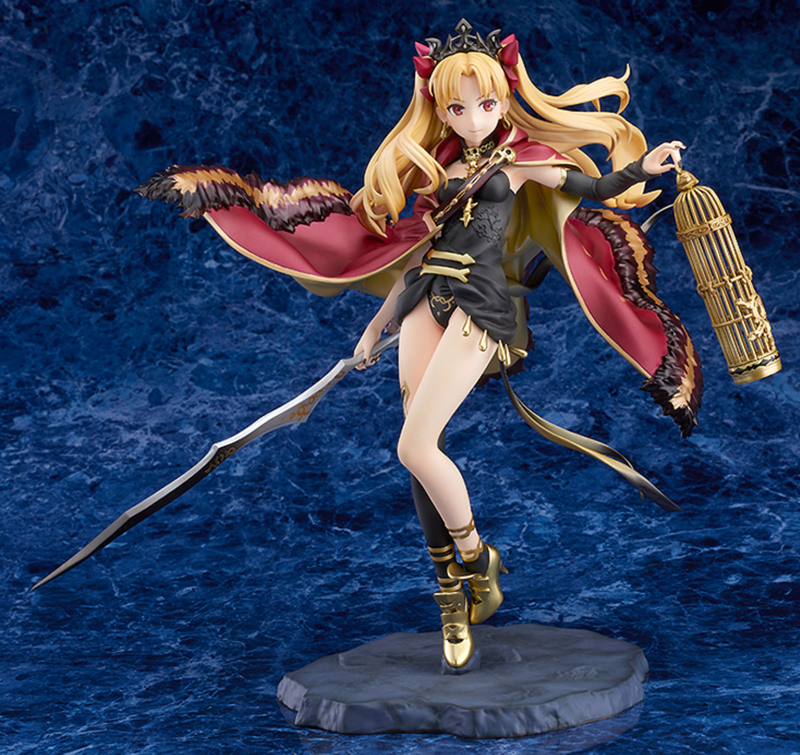 Ereshkigal 1/7 scale figure in her Lancer form, wearing ornate red and gold outfit with a graceful pose from Fate/Grand Order.