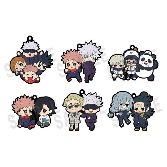 Jujutsu Kaisen Rubber Keychain Buddy Collection Vol. 2 by MegaHouse, featuring chibi-style character pairings such as Yuji Itadori, Satoru Gojo, and others, approximately 2.55 inches in size